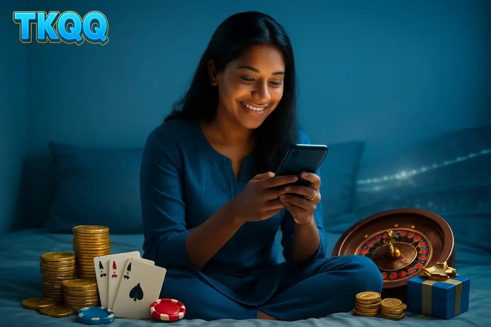TKQQ app โ a young Bangladeshi woman sitting cross-legged on her bed happily using a mobile app with a soft glow on TKQQ app โ a young Bangladeshi woman sitting cross-legged on her bed happily using a mobile app with a soft glow on