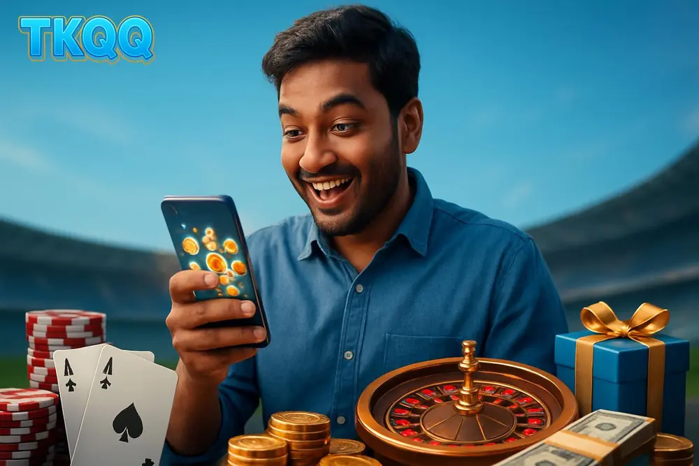 TKQQ app โ a Bangladeshi man walking outdoors while looking excitedly at his smartphone glowing with colorful game icons TKQQ app โ a Bangladeshi man walking outdoors while looking excitedly at his smartphone glowing with colorful game icons