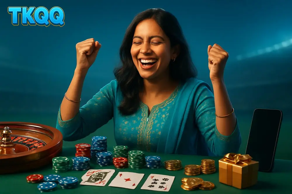 TKQQ Bangladesh โ a Bangladeshi woman celebrating a win at a lively table filled with colorful casino chips and cards TKQQ Bangladesh โ a Bangladeshi woman celebrating a win at a lively table filled with colorful casino chips and cards