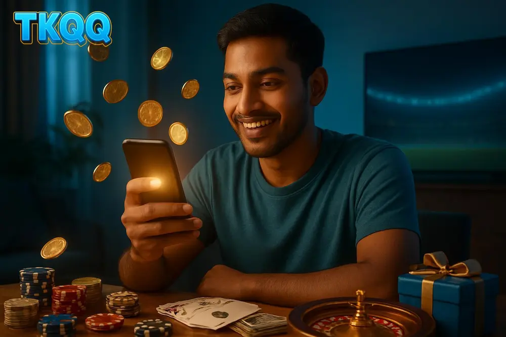 TKQQ Bangladesh โ a young Bangladeshi man smiling while holding a glowing smartphone with golden coins floating TKQQ Bangladesh โ a young Bangladeshi man smiling while holding a glowing smartphone with golden coins floating
