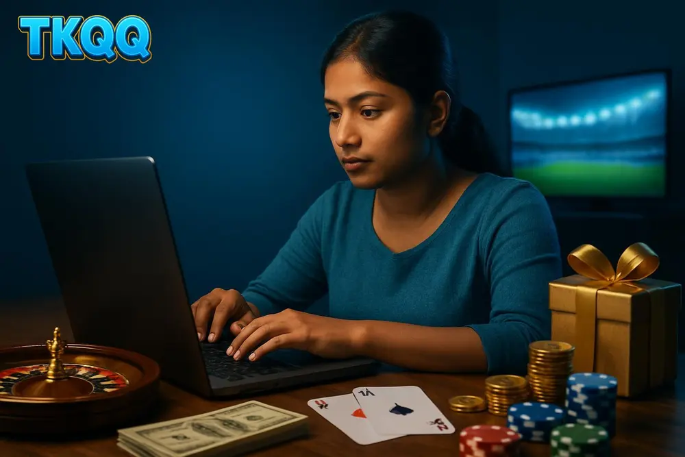 TKQQ login — a young Bangladeshi woman typing on a laptop at a home desk with a soft blue glow reflecting on her face