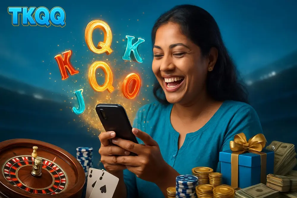 TKQQ slots โ a Bangladeshi woman laughing joyfully as colorful glowing slot symbols burst around her mobile phone TKQQ slots โ a Bangladeshi woman laughing joyfully as colorful glowing slot symbols burst around her mobile phone